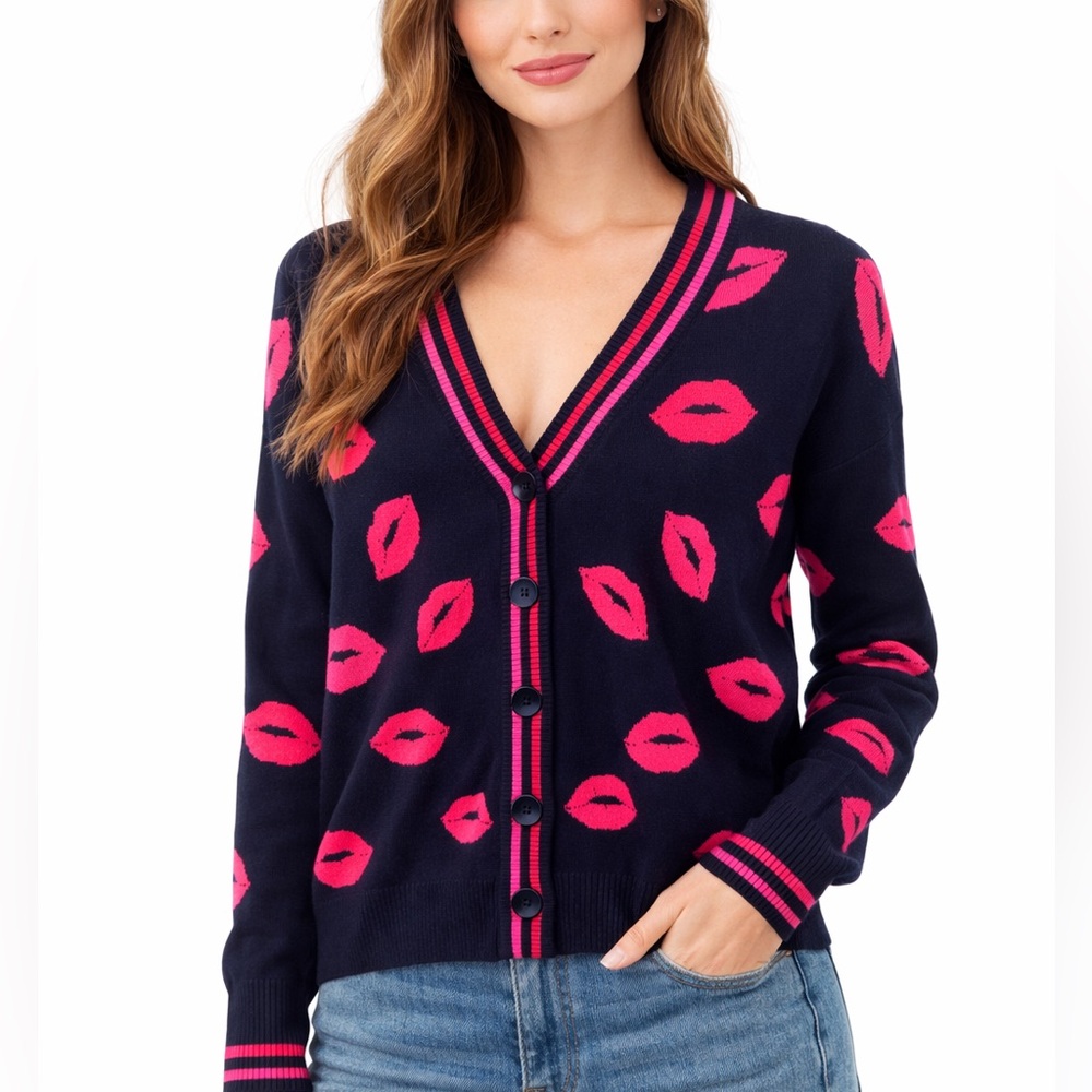 Belldini Navy Cardigan with Hot Pink Lip Motif